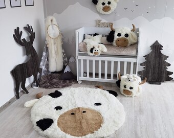Highland Cow Nursery Rug: Plush Farmhouse Decor