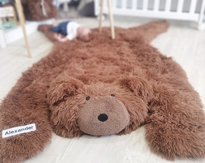 Customizable Fluffy Bear Rug for Nursery - Soft Animal Rug, Personalized Baby Room Decor, Woodland Adventure, Baby Shower Gift