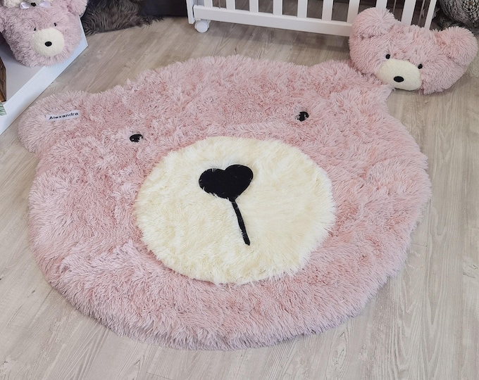 Girl's Pink Fluffy Bear Rug - Personalized Nursery Floor Mat, Soft Shaggy Animal Playmat for Baby Room, Custom Name Option