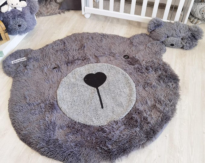 Gray Bear Rug for Nursery - Round Shaggy Play Mat, Personalized Baby Room Decor