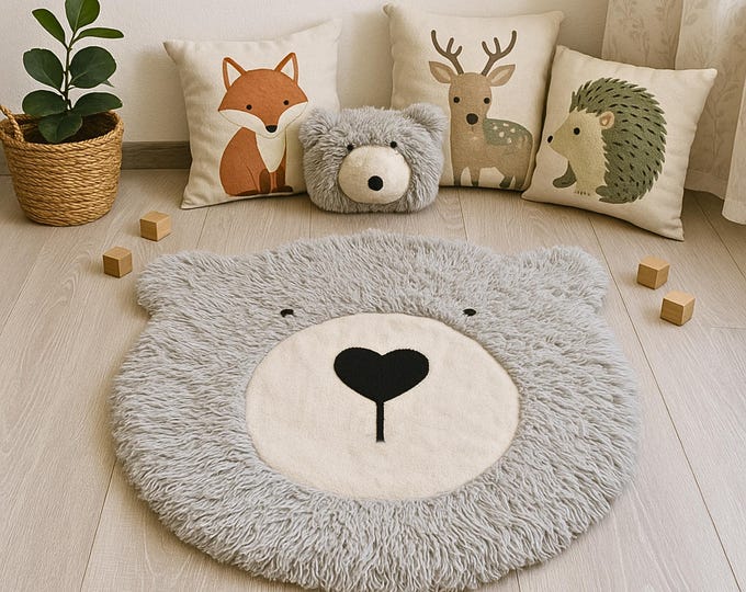 Gray Bear Nursery Rug – Shaggy Minky Baby Play Mat for Kids Room, Woodland Decor with Matching Pillow, Basket or Wall Head