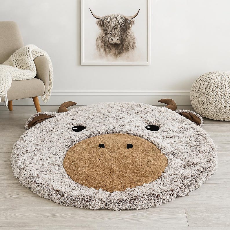 Round Highland Cow nursery rug crafted from ultra-soft Shaggy Minky fleece in light cream and warm tan tones, featuring plush 3D ears and horns, a large textured brown snout, and expressive black felt eyes. Measuring approx. 45 inches, this large decorative rug adds warmth, texture, and playfulness to any baby or toddler room. Lightweight and padded, it’s ideal for gentle play, Montessori corners, or as a cozy statement piece in Scandi-boho nurseries.