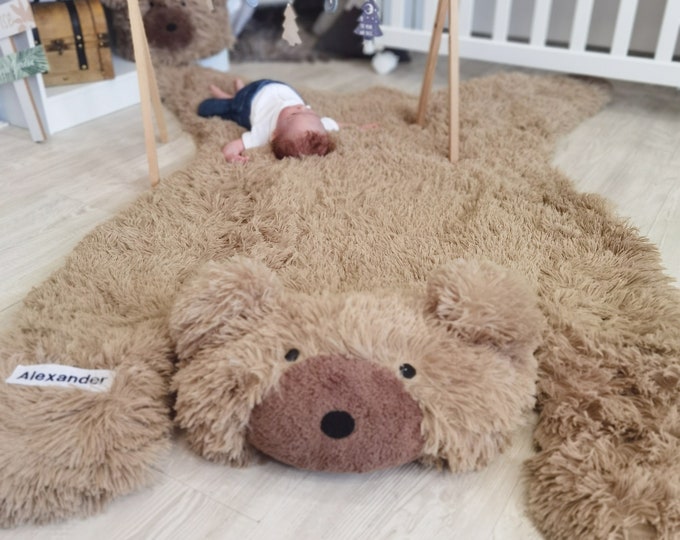 Personalized Fluffy Bear Rug - Woodland Nursery Decor, Adventure Animal Rug for Boy or Girl, Baby Shower Gift
