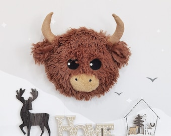 Support mural tête de vache Minky Highland : décoration de chambre de ferme