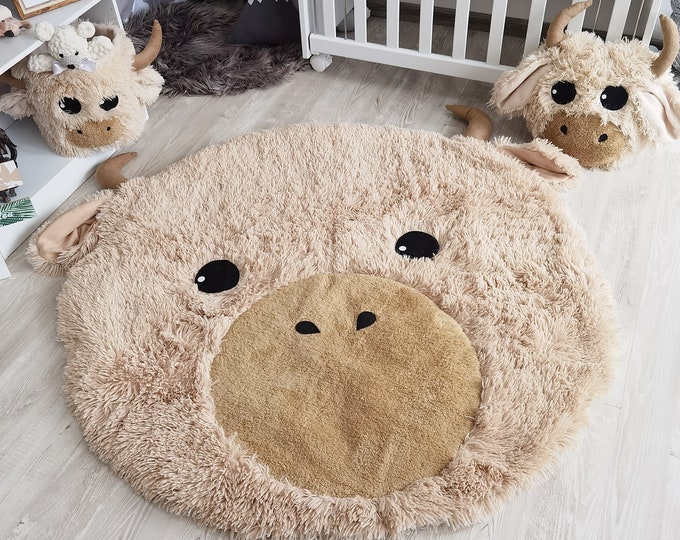 Personalized Highland Cow Nursery Rug - Shaggy Minky Farm Animal Play Mat for Baby Room, Soft & Cozy Woodland Nursery Decor