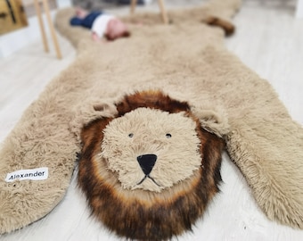 Customizable Lion Plush Nursery Rug, Safari Animal Playmat, Handmade Kids Room Decor, Personalized Baby Shower Gift, Unique Lion Floor Mat