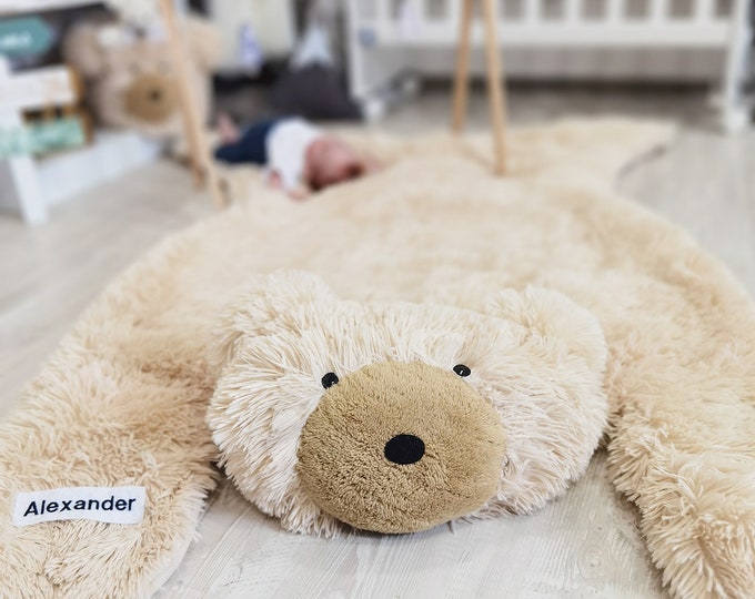 Woodland Bear Rug - Fluffy Minky Personalized Nursery Decor, Adventure Baby Boy Shower Gift, Animal Playmat