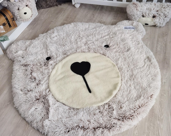 Personalized Bear Rug Round - Frosted Brown White Woodland Nursery Mat, Custom Name Baby Gift