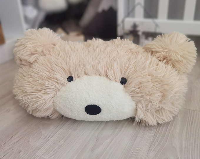 Custom Beige Bear Pillow - Soft Minky Nursery Decor, Snuggly Handmade Teddy Cushion, Cozy Personalized Baby Gift, Plush Play Mat