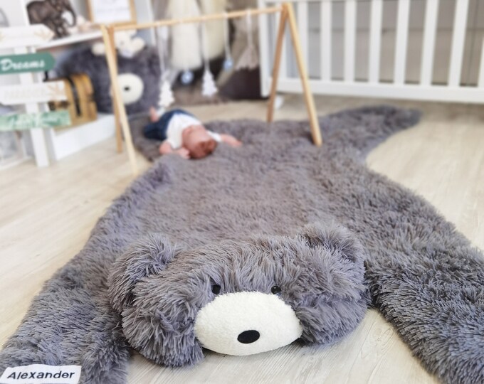 Bear Nursery Rug - Handmade Teddy Bear Baby Gift, Woodland Nursery Decor