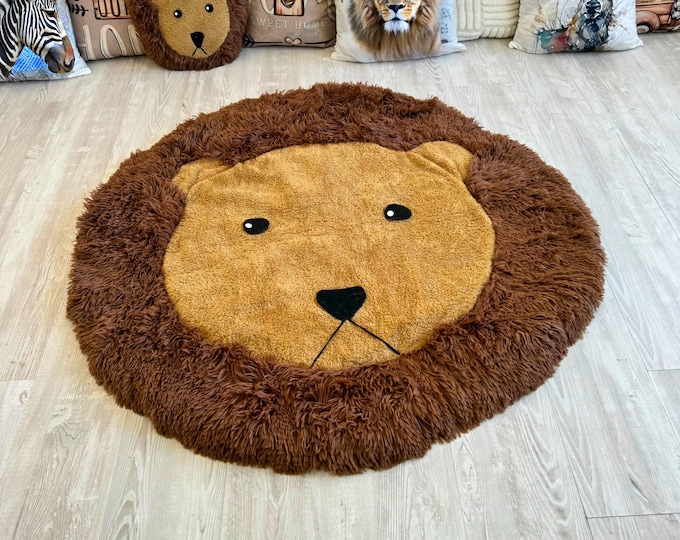 Personalized Lion Nursery Rug, Handmade Shaggy Minky Playmat Kids, Animal Shape Floor Decor for Baby Room, Soft and Cozy Baby Shower Gift