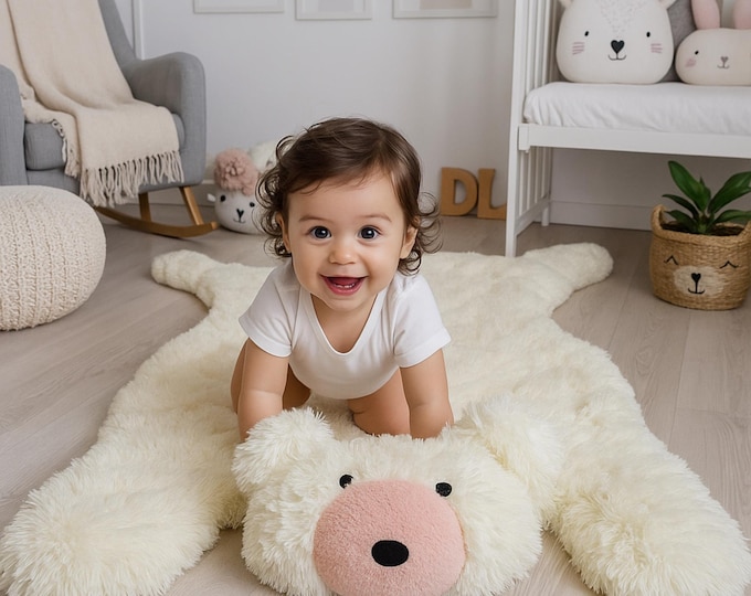 White Bear Nursery Rug - Soft Minky Girl Room Decor, Handmade Baby Gift
