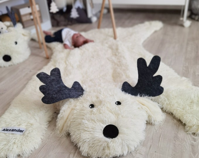 Large Deer Nursery Rug - Soft White Plush Play Mat for Baby, Woodland Animal Themed Kids Room Decor, Cozy Infant Floor Rug