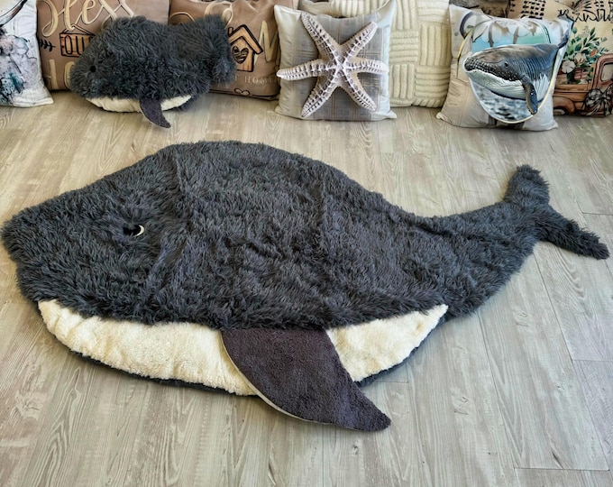 Dark Gray Whale Rug - Soft Shaggy Play Mat for Kids Room, Plush Ocean Animal Carpet, Cozy Nursery Decor