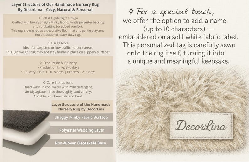 The image is a collage of two photos. The left photo shows a close-up of a shaggy mink fabric, while the right photo features a close-up of a decorative rug with a shaggy mink fabric surface.