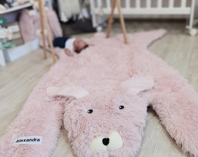 Pink Bunny Rug for Baby Girl, Woodland Nursery Decor, Pictured Rug: 58" X 48"