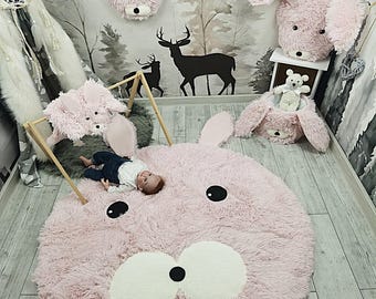 Rosa Häschen Teppich für Baby Mädchen Kinderzimmer - Weicher Waldtier Krabbeldecke Raumdekor