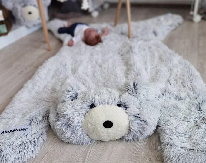 Gray Bear Nursery Rug - Personalized Baby Play Mat, Soft Plush Tummy Time Mat