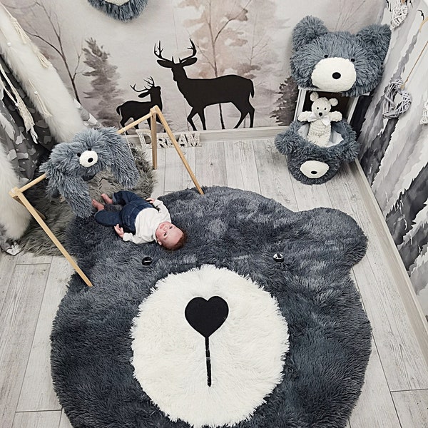 Custom Bear Nursery Rug, Personalized Soft Minky Playmat for Kids, Cozy Baby Room Animal Rug, Cuddle Play Rug, Unique Child's Room Decor