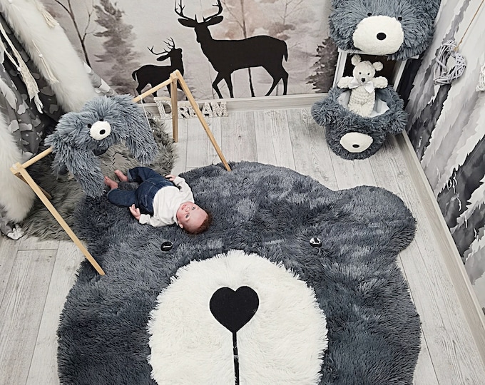 Custom Bear Nursery Rug, Personalized Soft Minky Playmat for Kids, Cozy Baby Room Animal Rug, Cuddle Play Rug, Unique Child's Room Decor