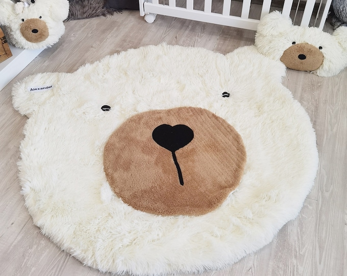 Personalized Fluffy Bear Rug for Baby Room - Cute Woodland Nursery Decor, Adventure Theme Baby Boy Gift