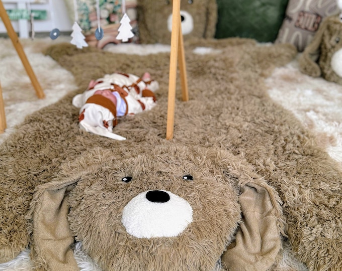 Handmade Shaggy Dog Nursery Rug - Cozy Puppy Shaped Playmat for Kids Room - Customizable Animal Decor for Baby Shower Gifts