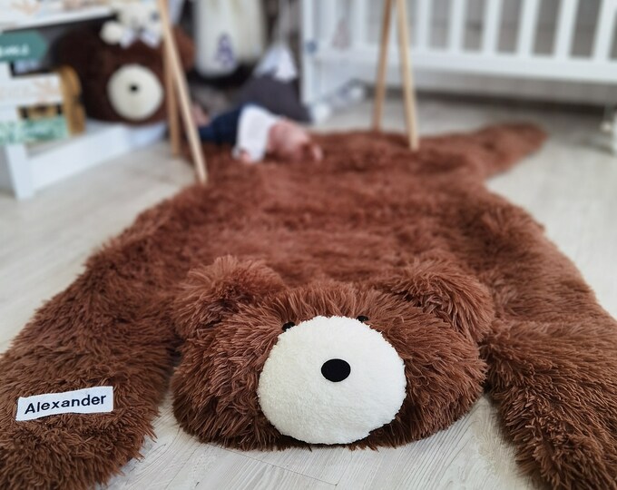 Customizable Plush Bear Nursery Rug - Soft Woodland Adventure Decor, Baby Shower Gift, Cozy Bear Room Accent