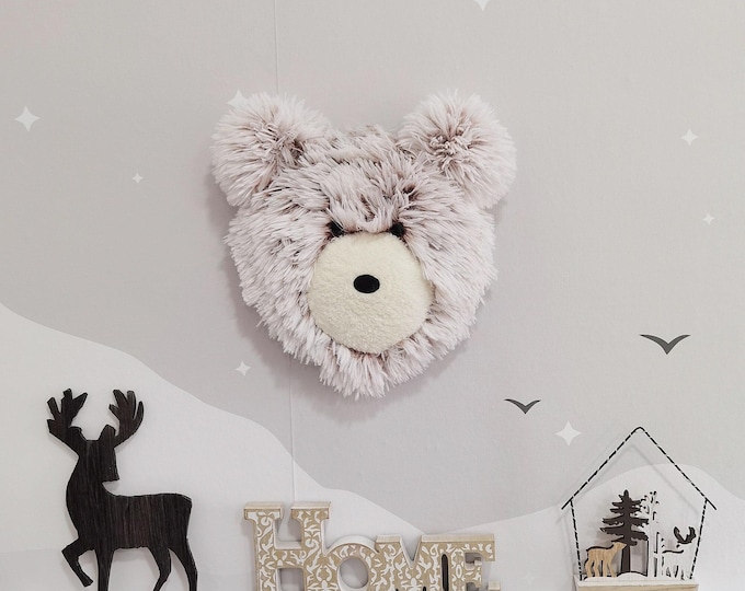 Fluffy Bear Head Wall Mount - Nursery Wall Decor, Faux Taxidermy for Baby Room