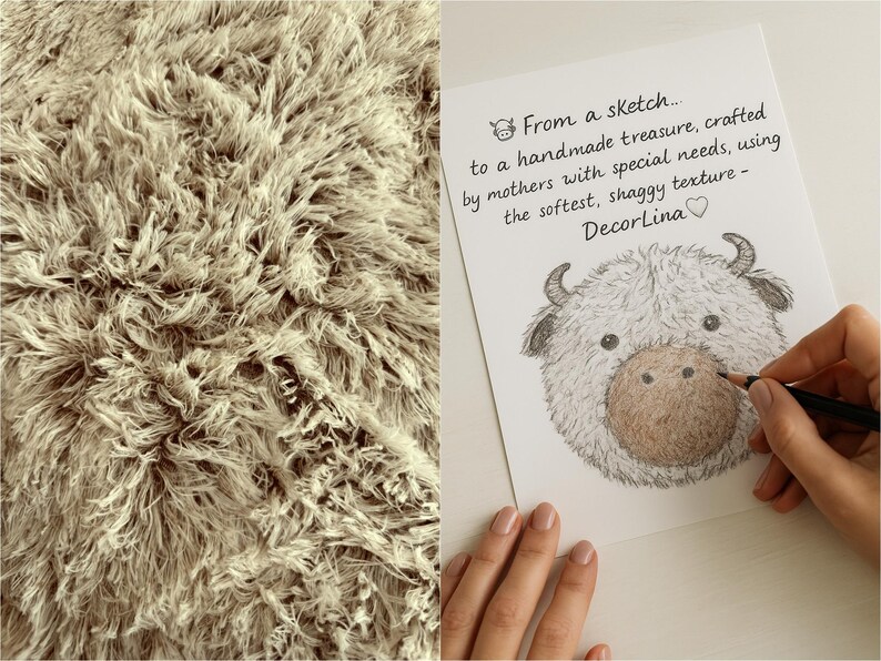 May include: Close-up of a beige, shaggy rug with a soft texture. Next to it, a drawing of a fluffy cow face with the text "From a sketch... to a handmade treasure... DecorLina."