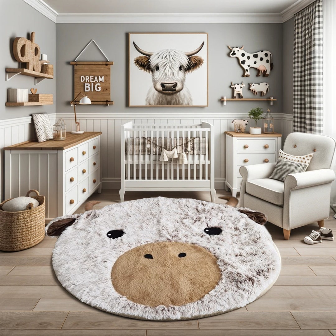 Cow Print Nursery Rug Woodland Theme Baby Decor Pictured Etsy