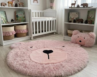 Pink Bear Rug: Plush Nursery Mat, Baby Girl Decor