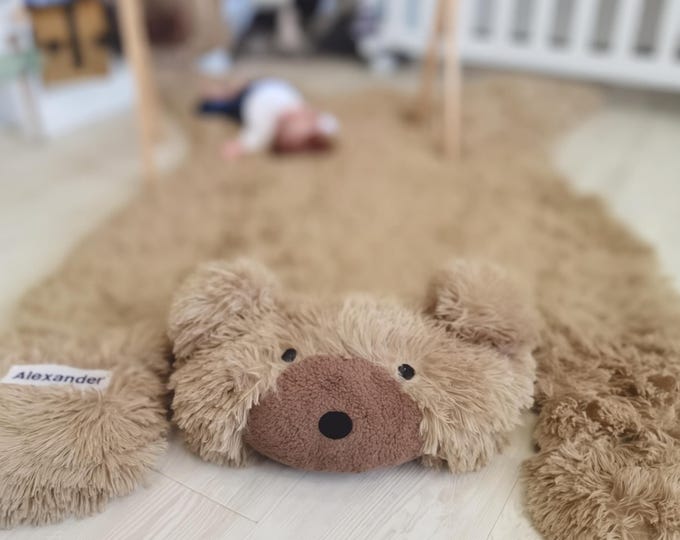 Personalized Fluffy Bear Rug - Woodland Nursery Decor, Adventure Animal Rug for Boy or Girl, Baby Shower Gift