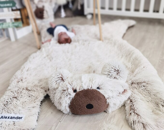 Personalized Bear Rug for Nursery - Soft Shaggy Minky Play Mat with Name - Cozy Woodland Baby Room Decor - Custom Animal Floor Mat