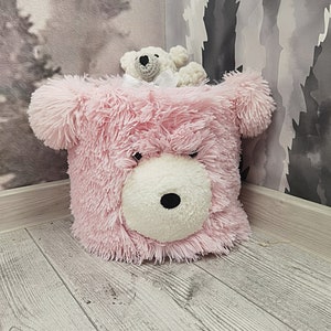 Rosa Plüsch Bär Aufbewahrungskorb, Wald Kinderzimmer Dekor Organizer, handgemachter weicher Tierbehälter, personalisierte Babyzimmer Dekor, einzigartige Spielzeugkiste