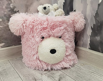 Panier de rangement ours en peluche rose, organisateur de décoration de chambre d'enfant des bois, poubelle d'animaux douce faite main, décoration personnalisée pour chambre de bébé, coffre à jouets unique