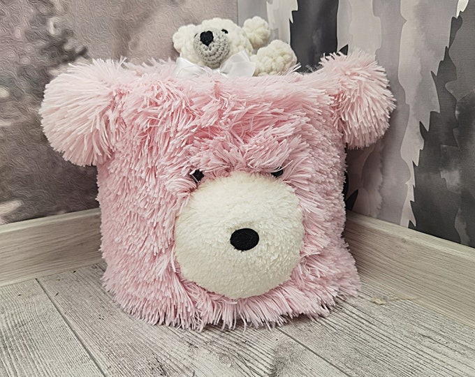 Pink Plush Bear Storage Basket, Woodland Nursery Decor Organizer, Handmade Soft Animal Bin, Personalized Baby Room Decor, Unique Toy Box