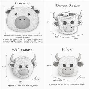 May include: A collection of cow-themed home decor items. Includes a rug, storage basket, wall mount, and pillow. The rug is available in multiple sizes, from approximately 30 inches to 60 inches. The storage basket is 9 x 10 inches. The wall mount is 10 x 10 x 3.5 inches. The pillow is 10 x 10 x 9 inches.