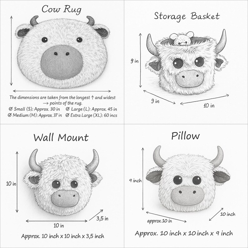 May include: A collection of cow-themed home decor items. Includes a rug, storage basket, wall mount, and pillow. The rug is available in multiple sizes, from approximately 30 inches to 60 inches. The storage basket is 9 x 10 inches. The wall mount is 10 x 10 x 3.5 inches. The pillow is 10 x 10 x 9 inches.