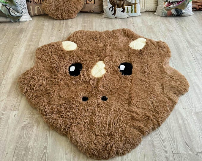 Light Brown Dinosaur Rug - Soft Shaggy Play Mat for Kids Room, Plush Animal Carpet, Cozy Nursery Decor, Custom Gift
