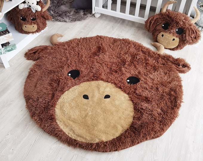 Highland Cow Nursery Rug - Soft Plush Baby Play Mat - Shaggy Minky Farm Animal Rug - Brown Cow Kids Room Decor - Farm Theme Baby Gift
