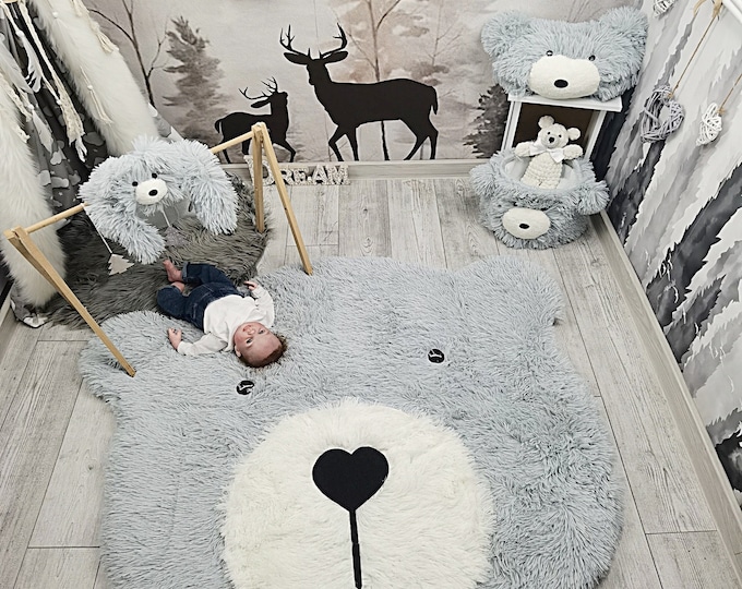 Personalized Baby Boy Nursery Rug - Fluffy Bear Rug with Woodland Decor, Cute Adventure Theme Baby Gift