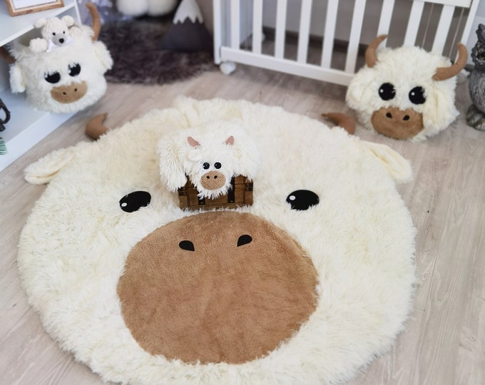 Personalized Highland Cow Nursery Rug - Soft Shaggy Play Mat with Cow Decor Accessories, Baby Room Decor, Custom Name Option