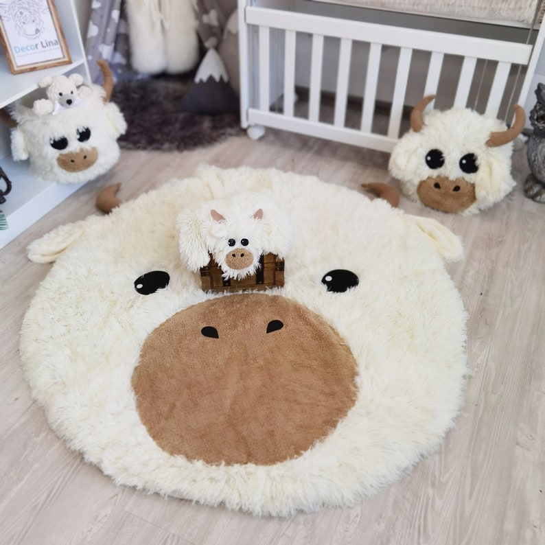 Personalized Highland Cow Nursery Rug Soft Shaggy Play Mat With Cow