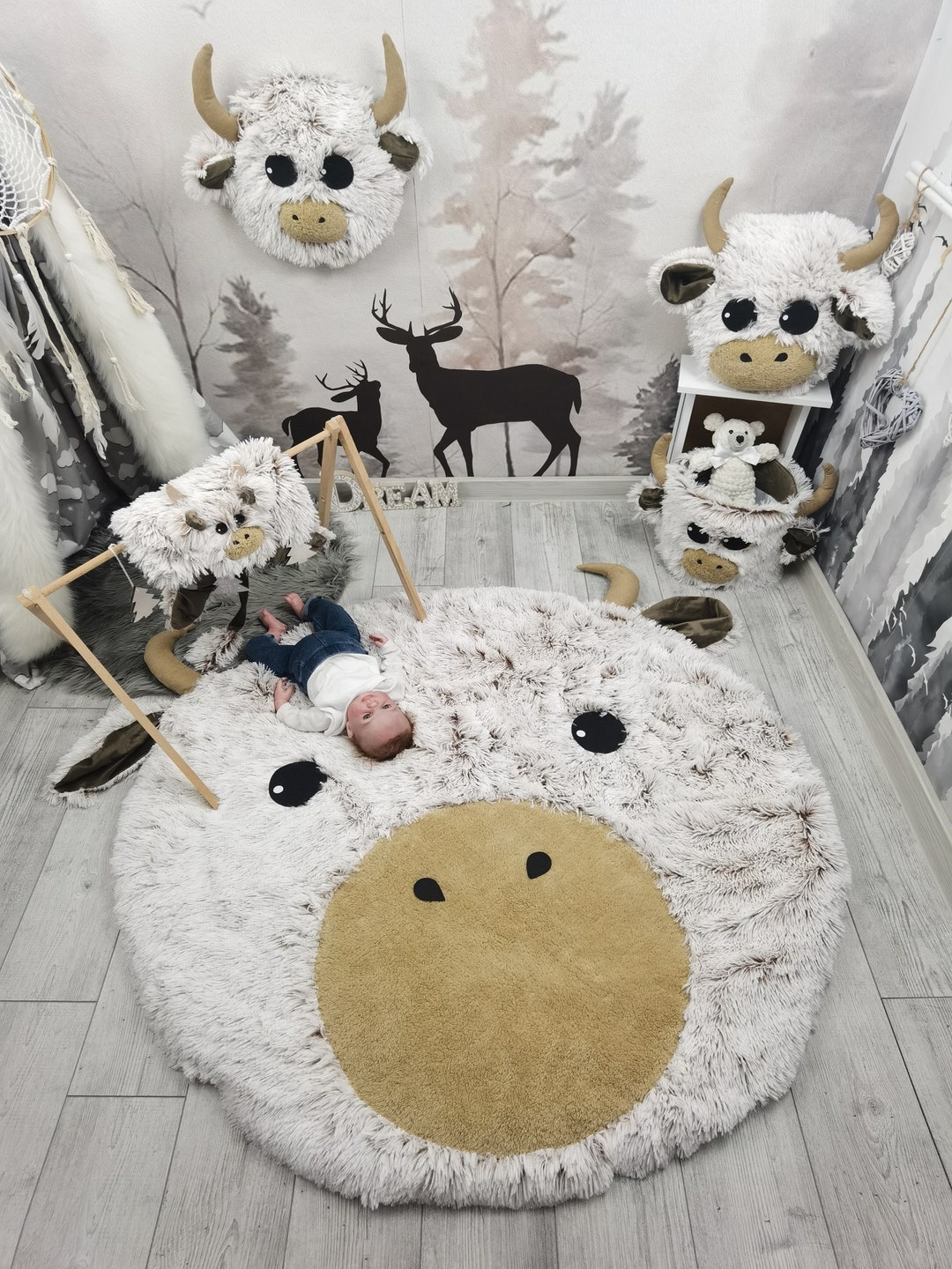 Cow Print Nursery Rug Woodland Theme Baby Decor Etsy