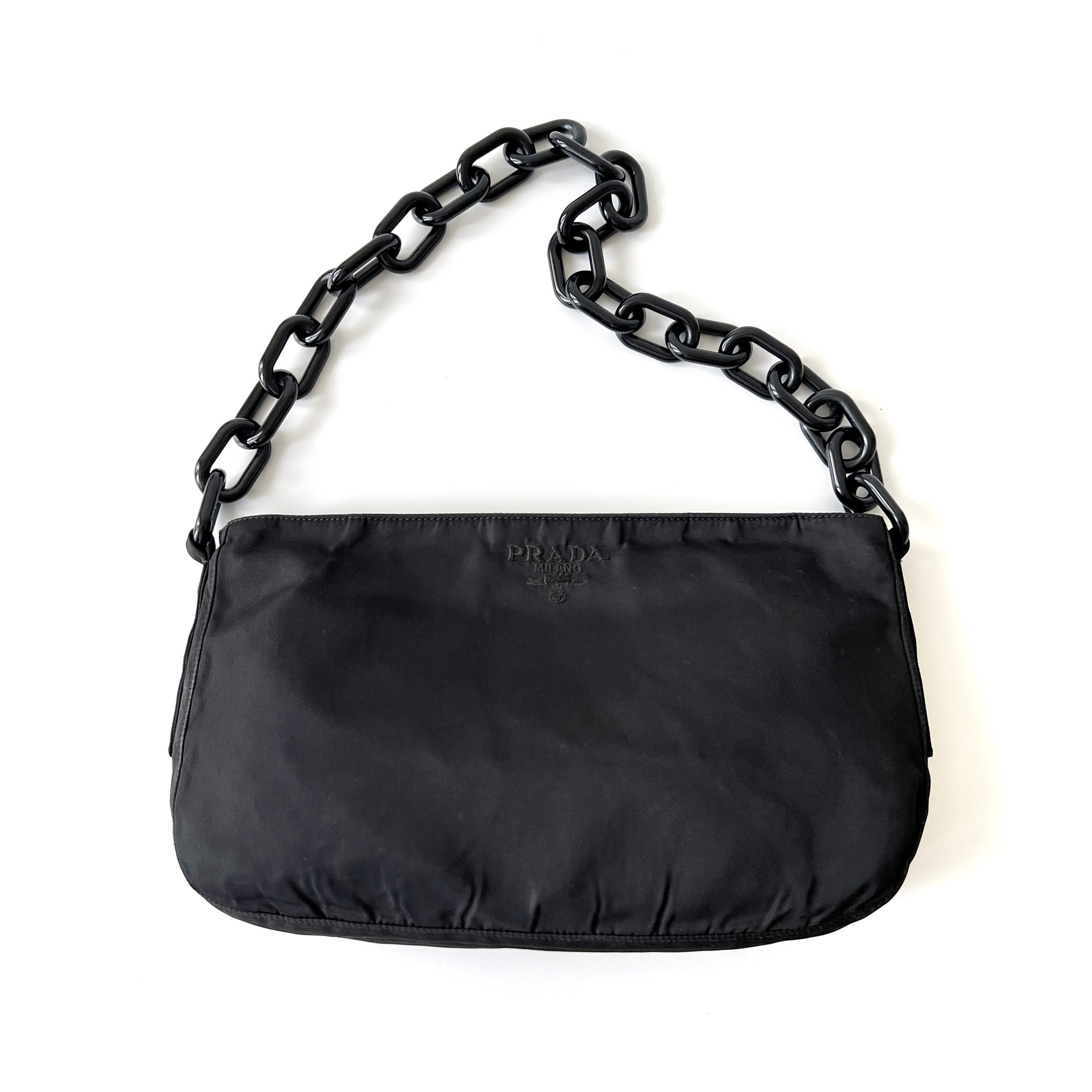 PRADA Authentic Vintage Acrylic Chain Black Nylon Shoulder Bag