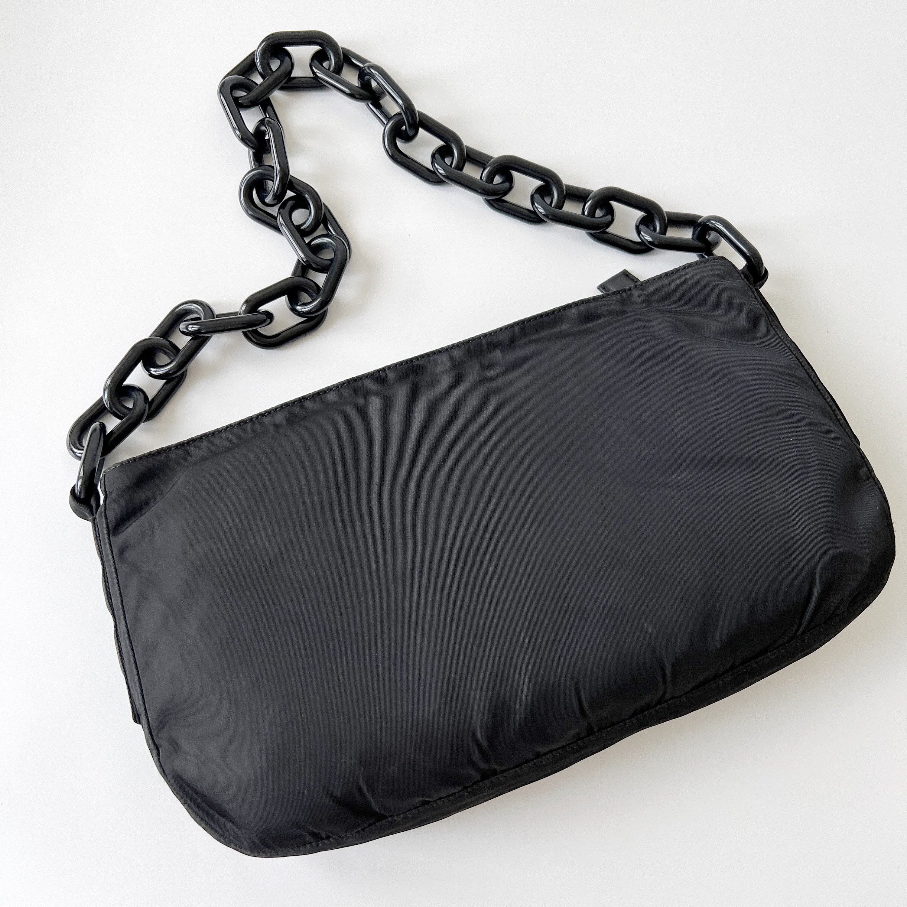 Vintage Prada Black Leather with Nylon Shoulder Bag With Woven Chain Strap