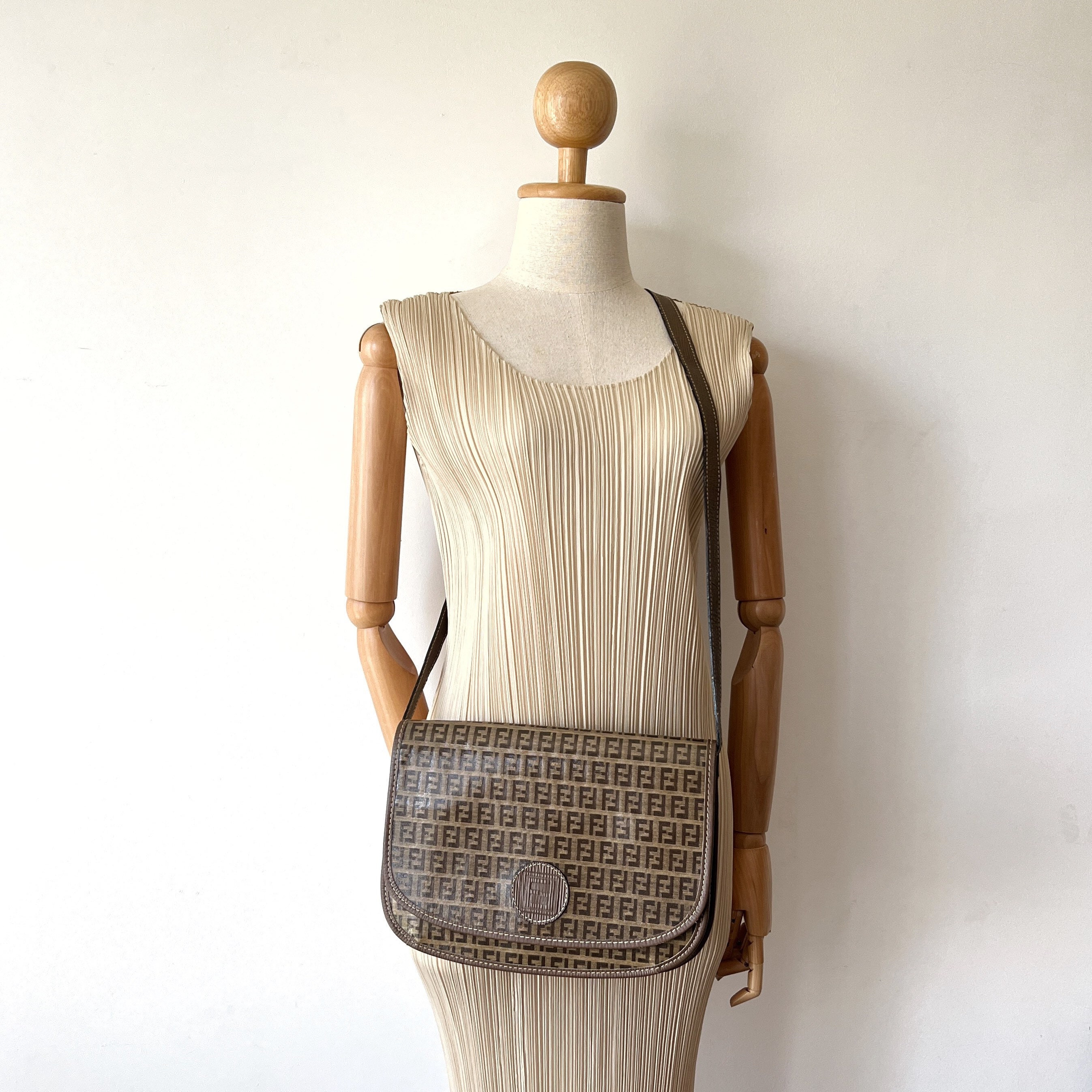 バッグ OLD FENDI FENDI Logo Zucchino Pattern Shoulder Bag Canvas Leather Navy