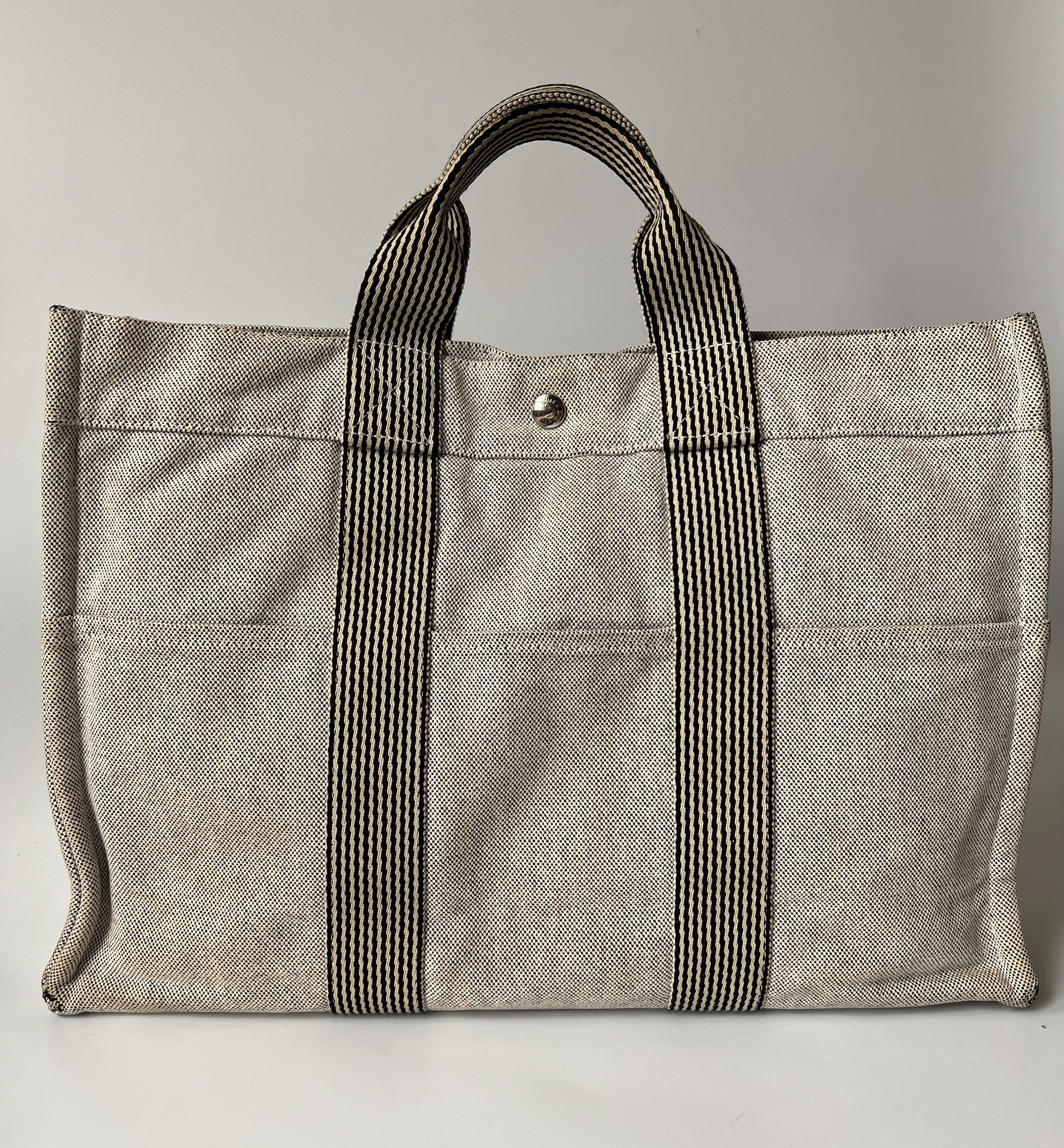 Hermes Herline Large Gray/Brown Canvas Fabric Tote Bag