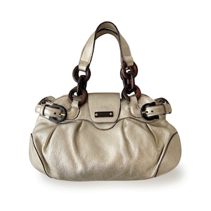 Salvatore Ferragamo Authentic Gancini Marisa Light Gold Metallic Leather Wood Ring Chain Handbag