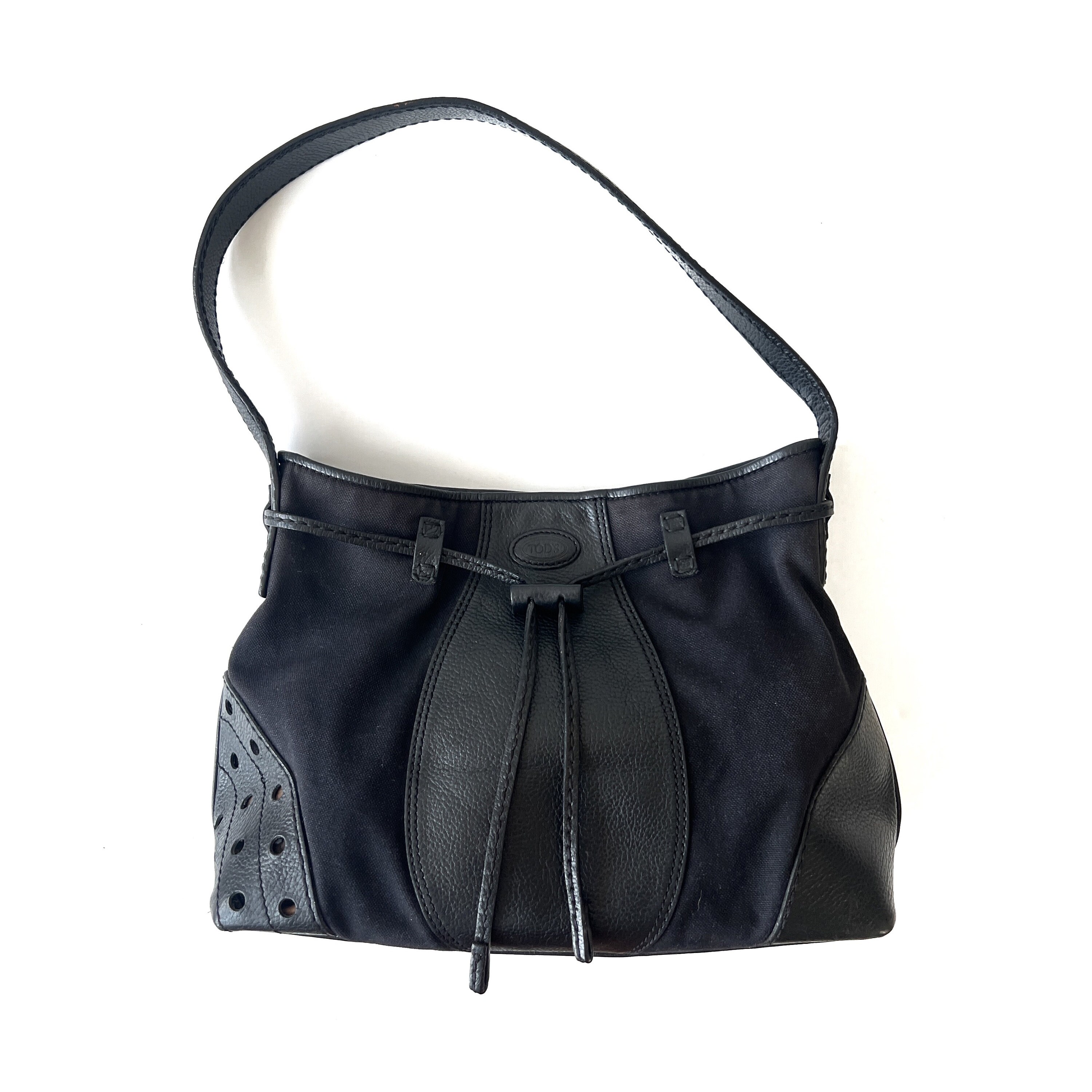 TOD'S Authentic Vintage Black Canvas and Leather Shoulder Bag